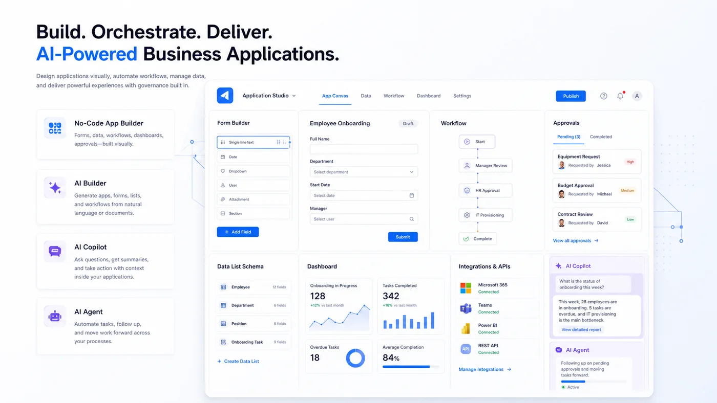 AI-powered business application builder with forms, data lists, workflows, dashboards, integrations, Copilot, and Agent execution