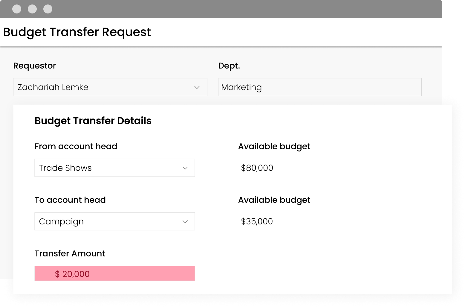 Budget transfer finance workflow screen