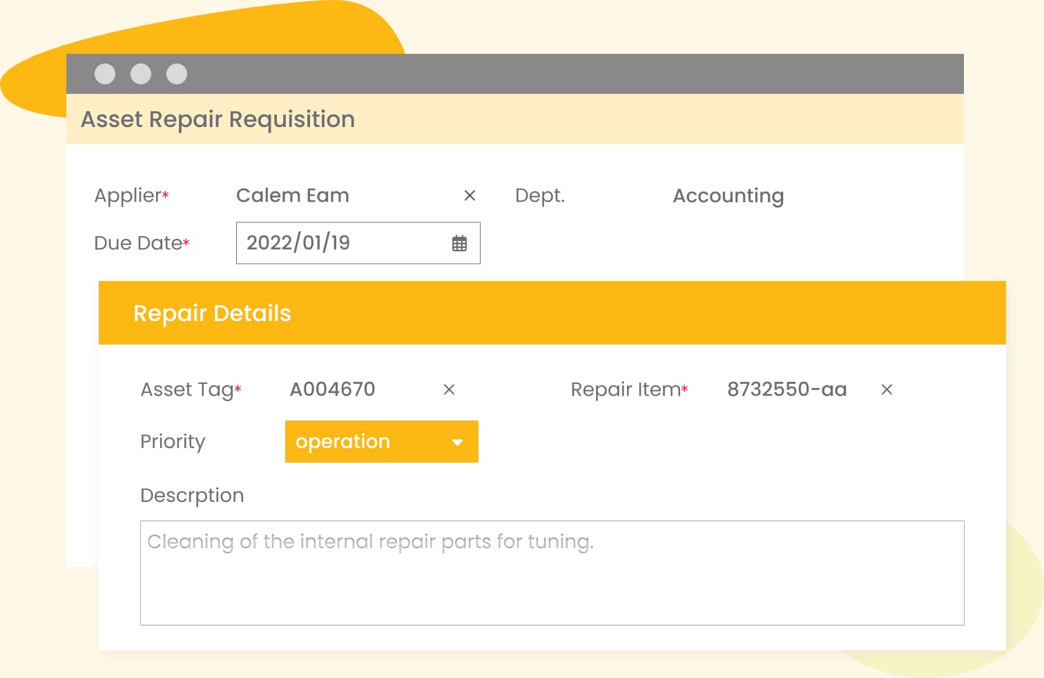 Simplify asset repairs and returns finance workflow screen