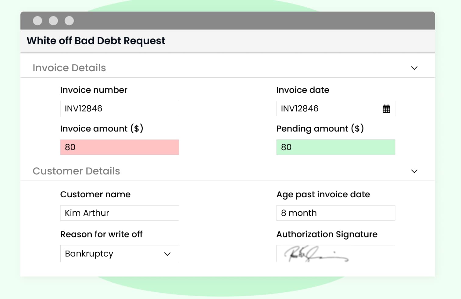 Write-off approvals finance workflow screen
