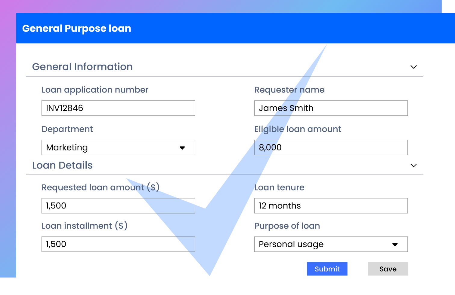 Request general purpose loans finance workflow screen