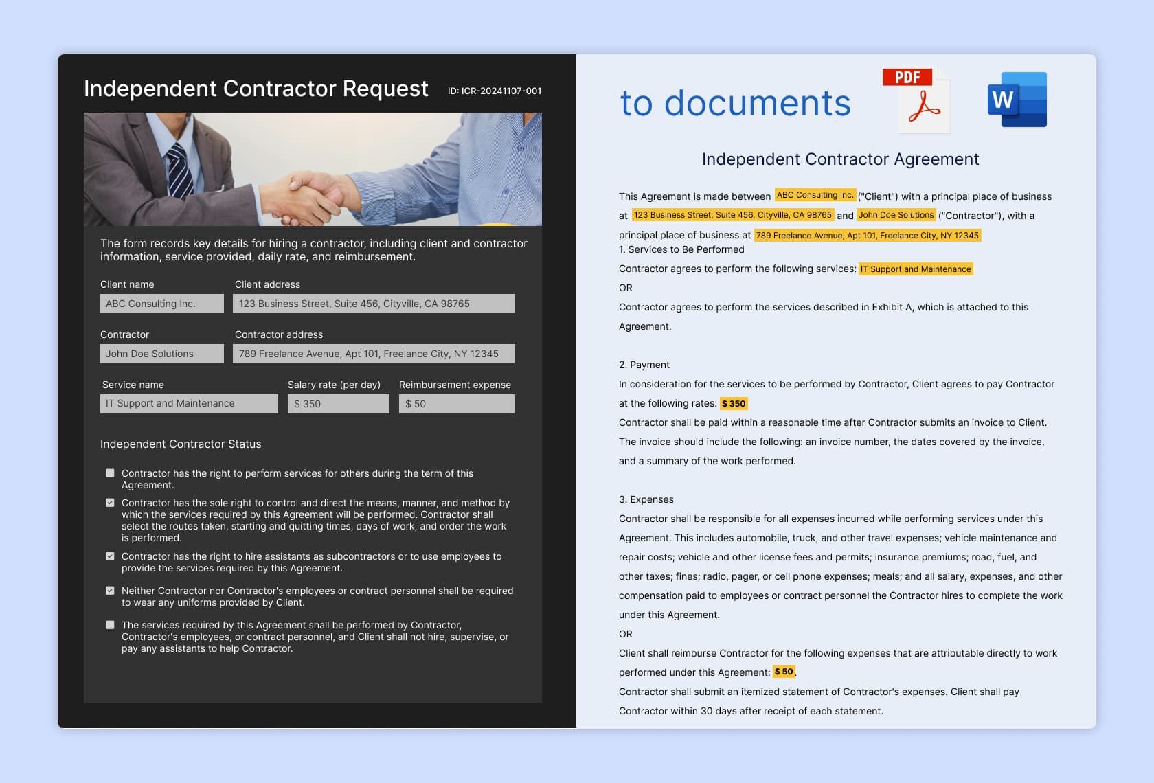 Document Generation document automation screen
