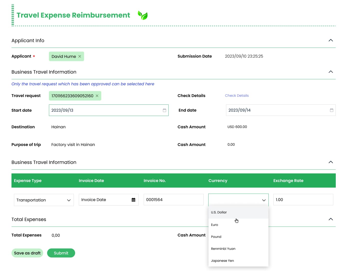 Expense Reimbursement approval form