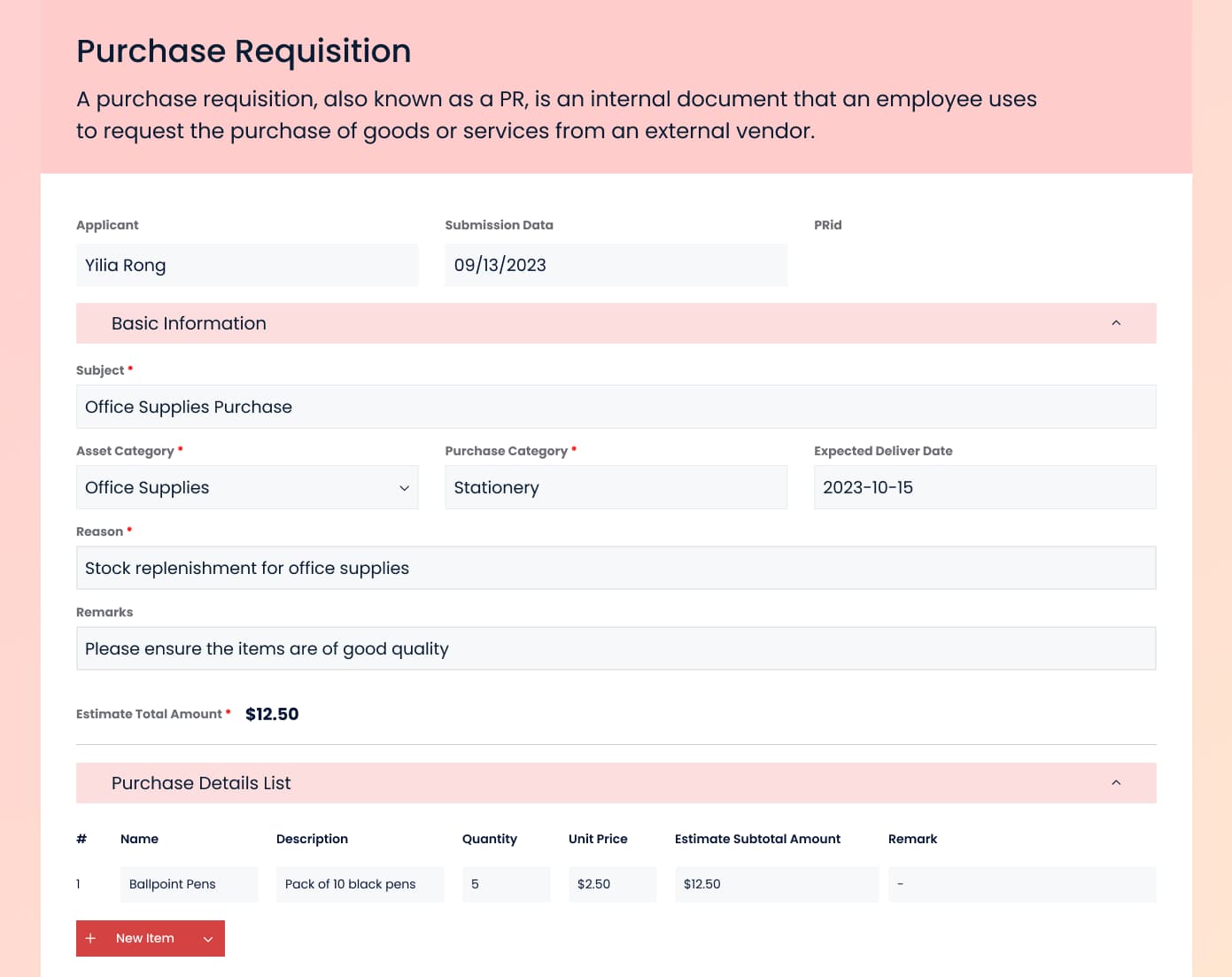 Purchase Requisition approval form
