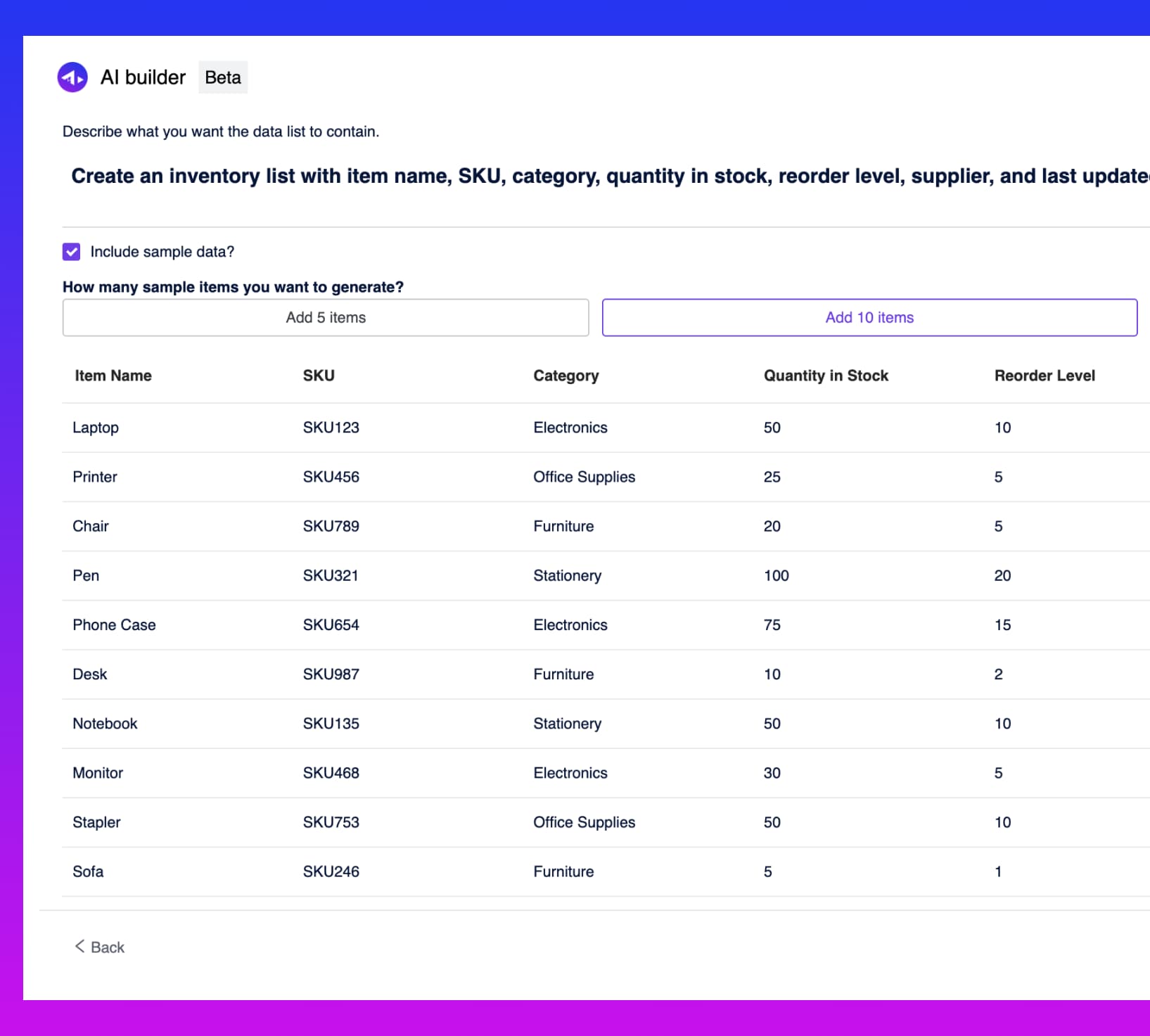 Build data lists with sample records in Yeeflow AI Builder
