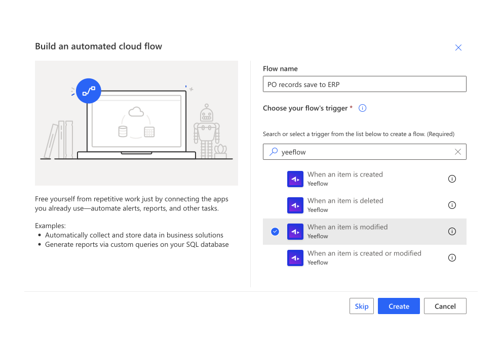 Create Yeeflow connector flows in Microsoft Power Automate